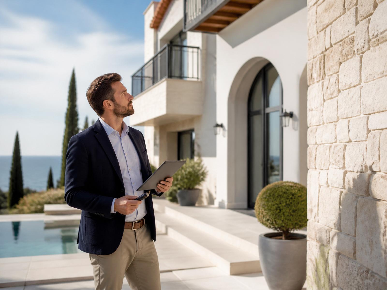 Independent property inspector examining a modern Cyprus villa